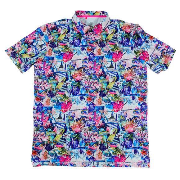 Scales Colorful Hawaiian Style Florida Tropical Print Golf Polo Shirt Mens Large - Picture 2 of 6